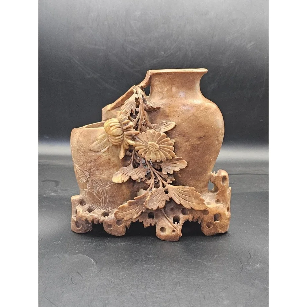 Vintage Chinese Soapstone Double Vase Hand Carved Floral Light Brown 6in SIGNED
